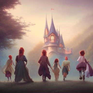 A fantasy castle with people walking to it